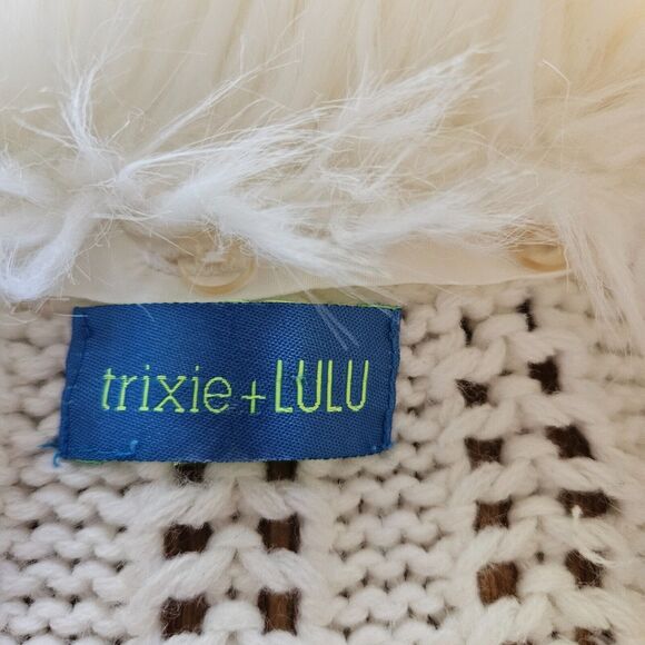 Trixie+Lulu Cardigan Sweater Size M White Knit Faux Fur Detachable Collar Retro - Picture 3 of 10
